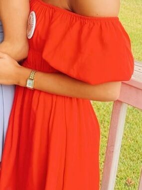 American Threads Bright Red Off-Shoulder Top